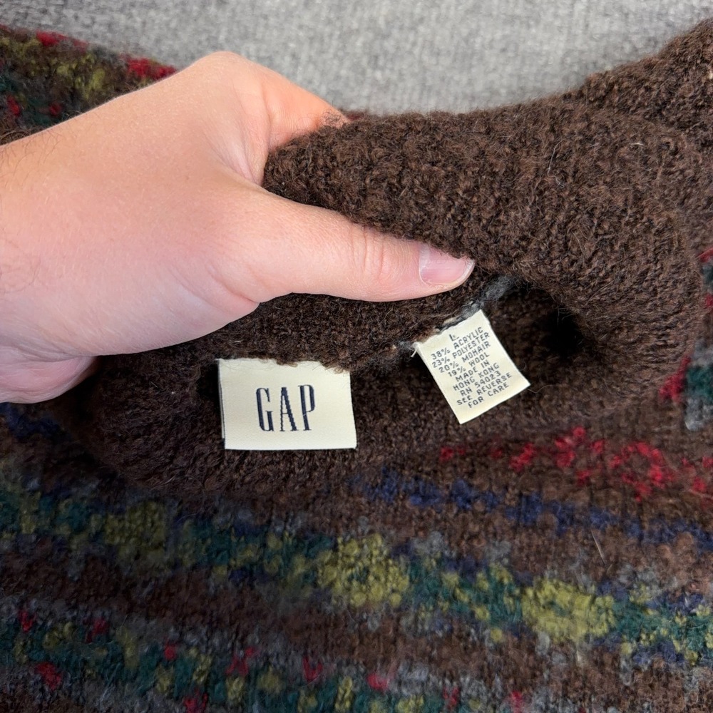 VINTAGE GAP Sweater Womens Large 90s Y2K Brown Fair Isle Cottagecore Mohair Wool - Picture 6 of 8